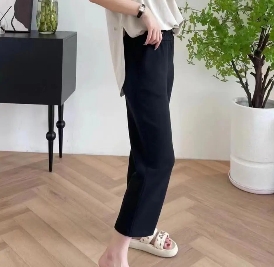 Women Capris Women Pants Solid Color Loose Double Pocket Calf-Length Pants Streetwear 24''