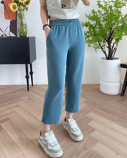 Women Capris Women Pants Solid Color Loose Double Pocket Calf-Length Pants Streetwear 24''