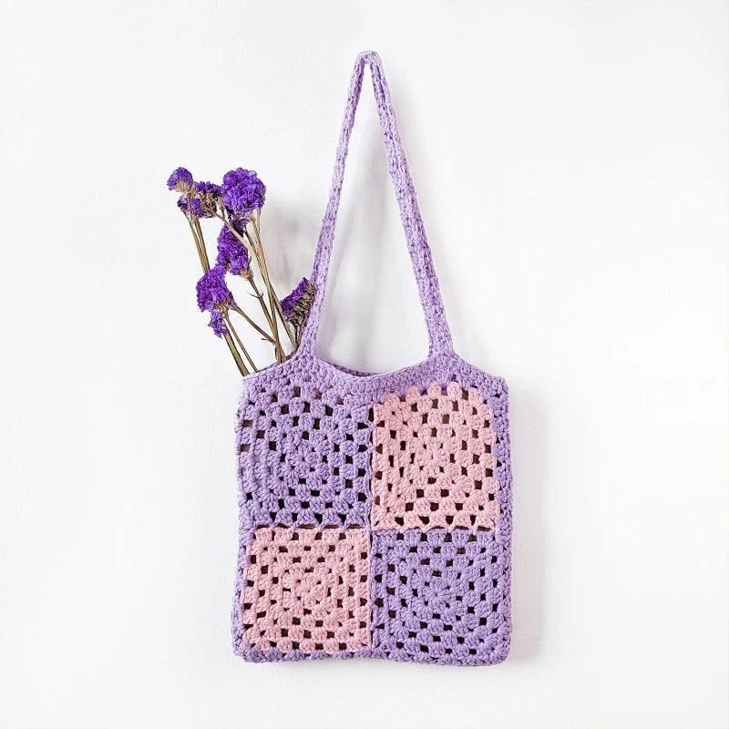 Women Casual Shoulder Bags Patchwork Boho Female Tote Bag Crochet Daily Handbag Large Capacity Open Reusable Beach Bags