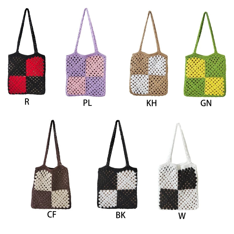 Women Casual Shoulder Bags Patchwork Boho Female Tote Bag Crochet Daily Handbag Large Capacity Open Reusable Beach Bags