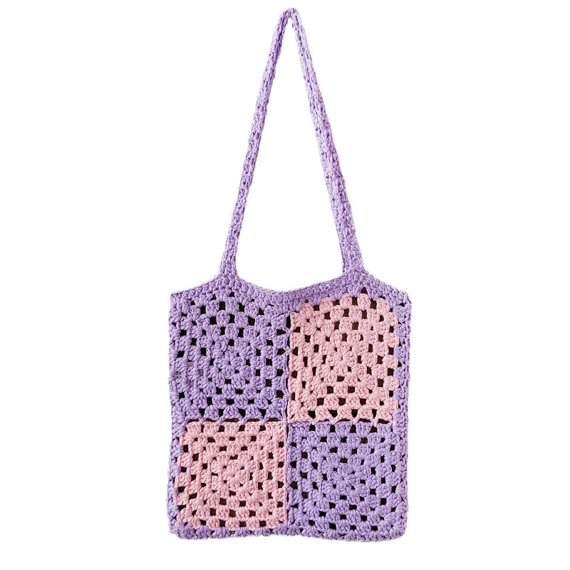 Women Casual Shoulder Bags Patchwork Boho Female Tote Bag Crochet Daily Handbag Large Capacity Open Reusable Beach Bags