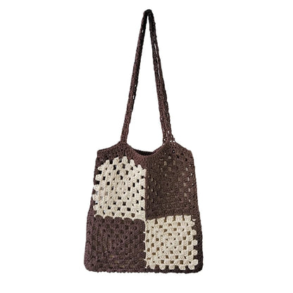 Women Casual Shoulder Bags Patchwork Boho Female Tote Bag Crochet Daily Handbag Large Capacity Open Reusable Beach Bags