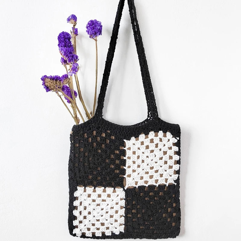 Women Casual Shoulder Bags Patchwork Boho Female Tote Bag Crochet Daily Handbag Large Capacity Open Reusable Beach Bags