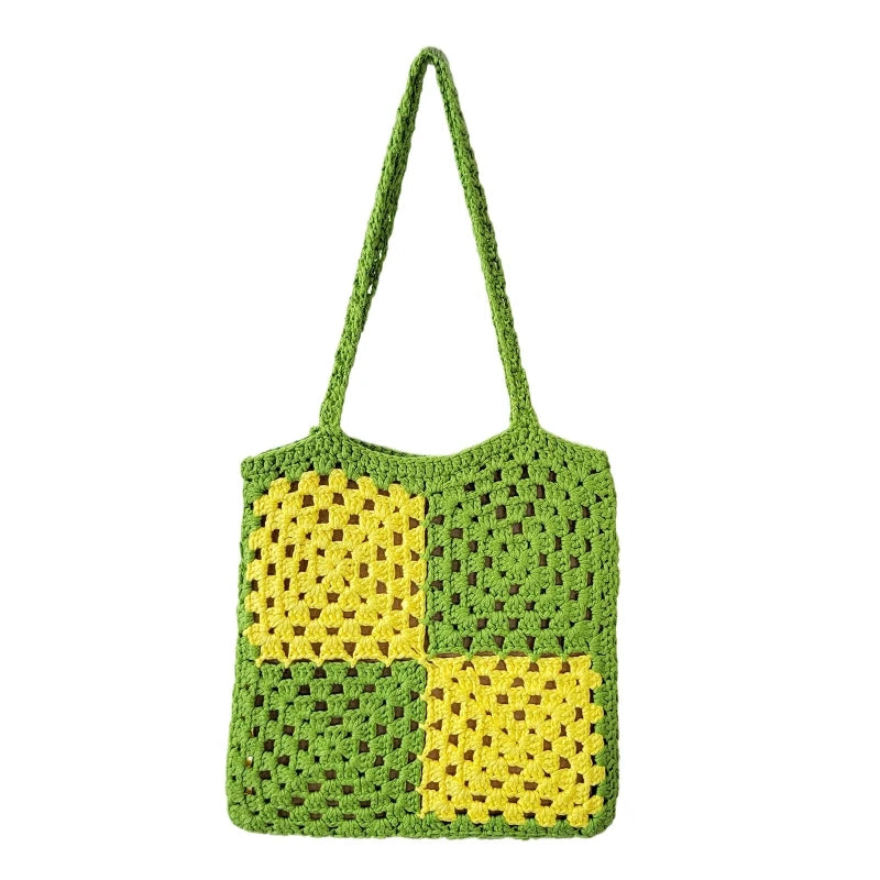 Women Casual Shoulder Bags Patchwork Boho Female Tote Bag Crochet Daily Handbag Large Capacity Open Reusable Beach Bags
