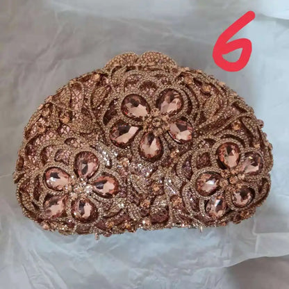 Women Champagne Hollow Out Rhinestone Handbag Floral Diamond Crystal Gala Evening Bag Wedding Party Banquet Bridal Flower Purse