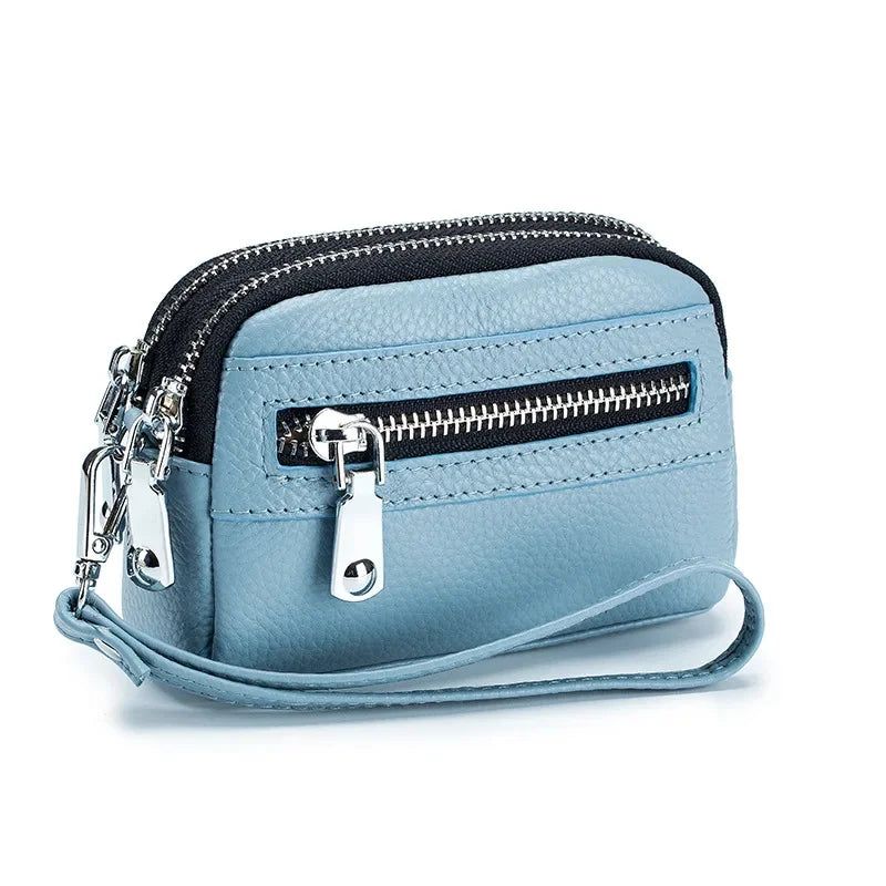 Women Clutches Coin Purse Cow Leather Card Pocket Keyring Change Pouch Double Zipper Clutch Money Bag Female Car Key Zero Wallet