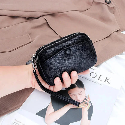 Women Clutches Coin Purse Cow Leather Card Pocket Keyring Change Pouch Double Zipper Clutch Money Bag Female Car Key Zero Wallet