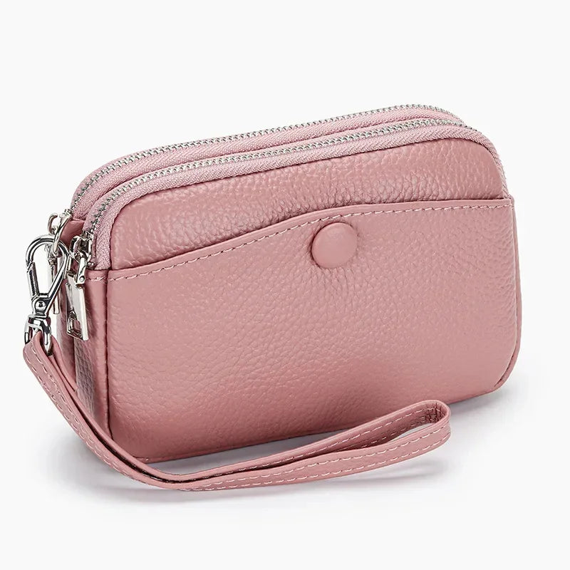 Women Clutches Coin Purse Cow Leather Card Pocket Keyring Change Pouch Double Zipper Clutch Money Bag Female Car Key Zero Wallet