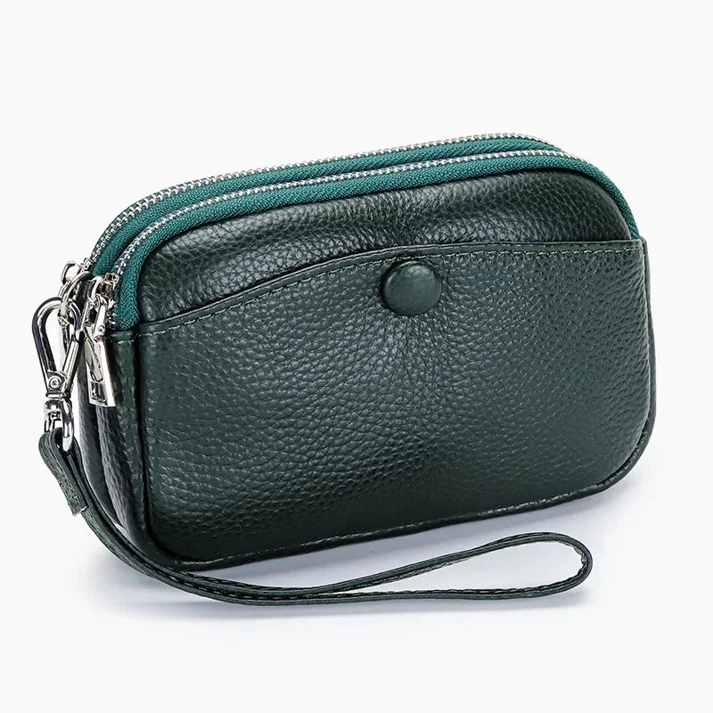 Women Clutches Coin Purse Cow Leather Card Pocket Keyring Change Pouch Double Zipper Clutch Money Bag Female Car Key Zero Wallet