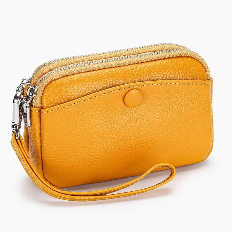 Women Clutches Coin Purse Cow Leather Card Pocket Keyring Change Pouch Double Zipper Clutch Money Bag Female Car Key Zero Wallet
