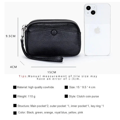 Women Clutches Coin Purse Cow Leather Card Pocket Keyring Change Pouch Double Zipper Clutch Money Bag Female Car Key Zero Wallet