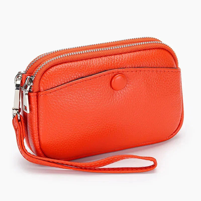 Women Clutches Coin Purse Cow Leather Card Pocket Keyring Change Pouch Double Zipper Clutch Money Bag Female Car Key Zero Wallet