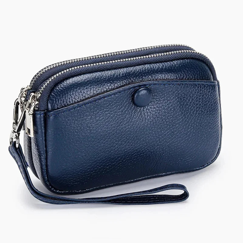Women Clutches Coin Purse Cow Leather Card Pocket Keyring Change Pouch Double Zipper Clutch Money Bag Female Car Key Zero Wallet