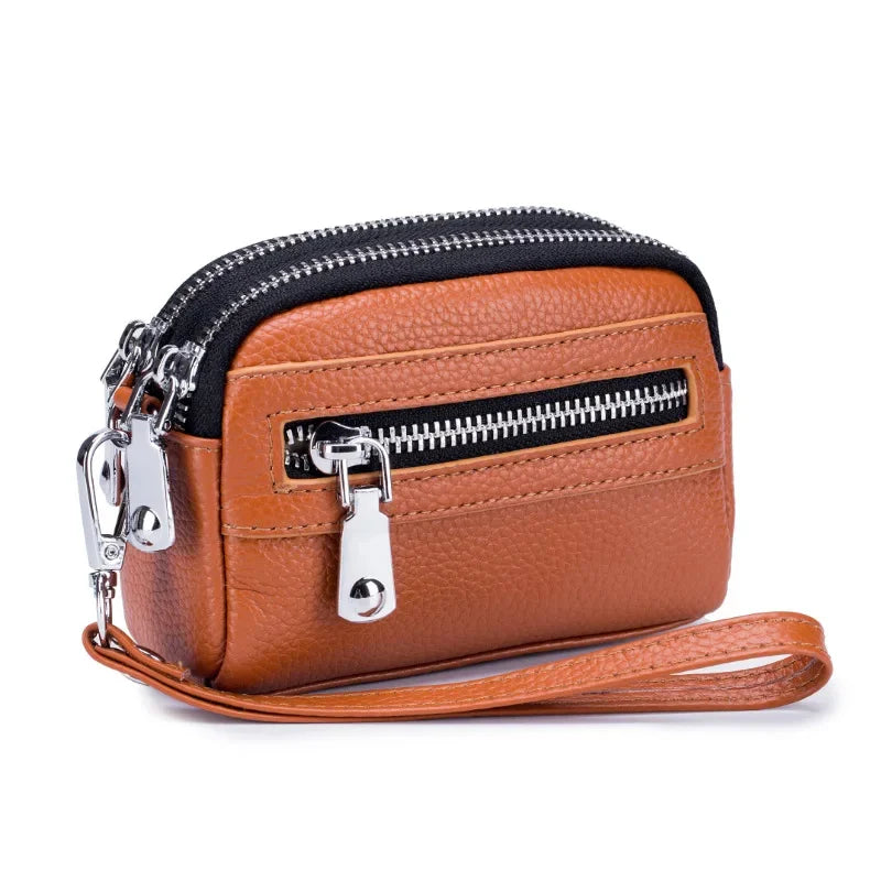 Women Clutches Coin Purse Cow Leather Card Pocket Keyring Change Pouch Double Zipper Clutch Money Bag Female Car Key Zero Wallet