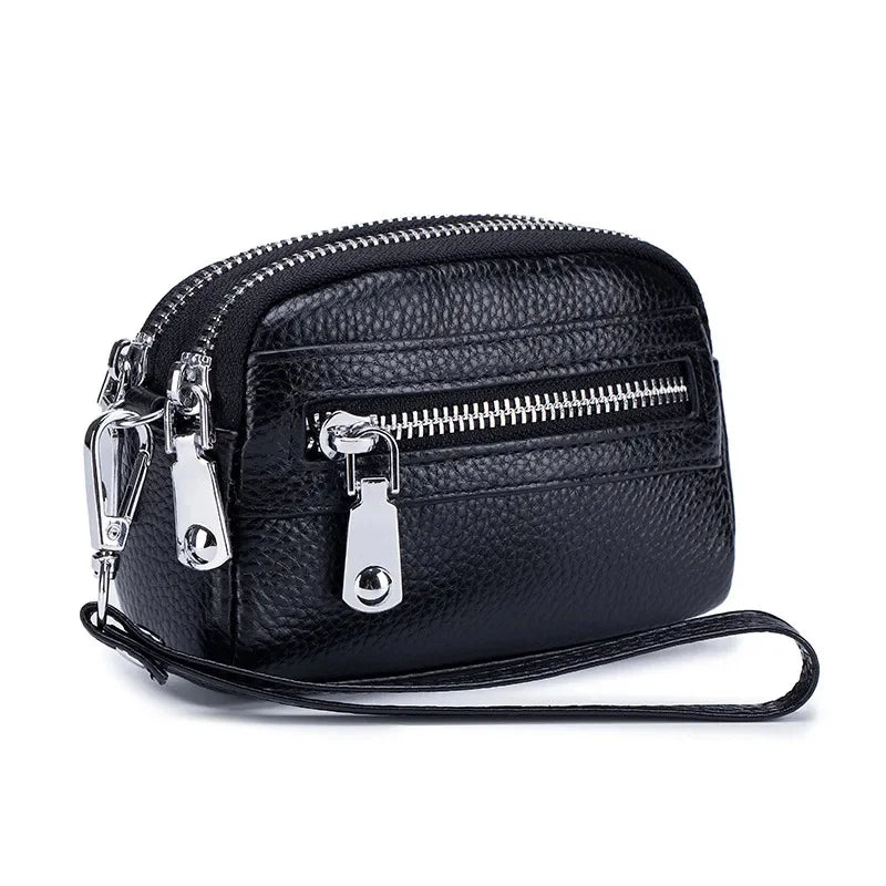 Women Clutches Coin Purse Cow Leather Card Pocket Keyring Change Pouch Double Zipper Clutch Money Bag Female Car Key Zero Wallet