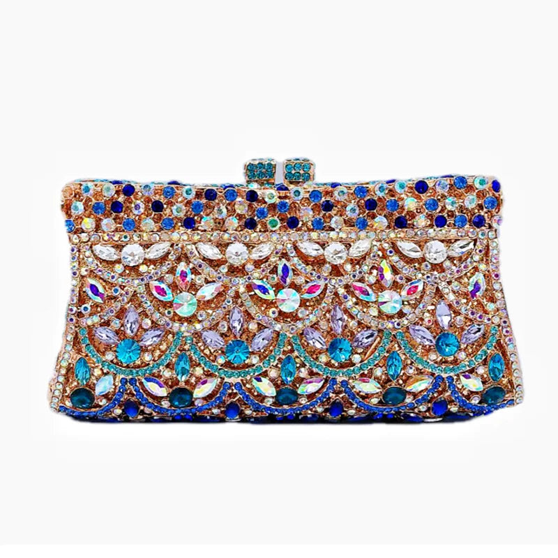 Women Color Fish scale blue white porcelain Crystal Clutch Bags Stone Evening Purse Wedding Bridal Rhines tones Purse Handbags