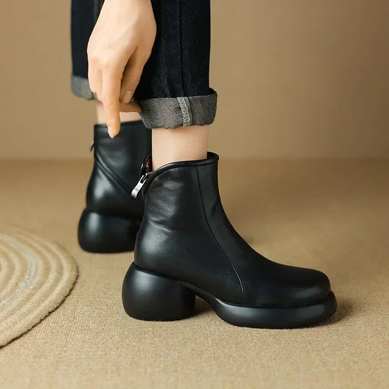 Women Comfortable Casual Short Boots Walking Winter Leather Genuine 2024 Sole Shoes Street New Thick Boots Fashion British Style