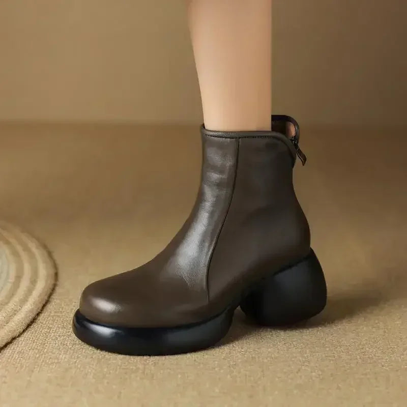 Women Comfortable Casual Short Boots Walking Winter Leather Genuine 2024 Sole Shoes Street New Thick Boots Fashion British Style