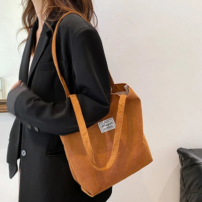 Women Corduroy Shoulder Shopping Bags Reusable Casual Outdoor Party Tote Handbag