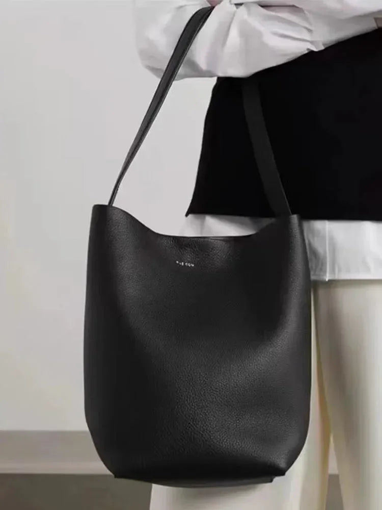 Women Cowhide Shoulder Bag Female Handbag Row Bucket Classic Lcu Lychee Patterned Tote Bags Solid Color Single Shoulder Bags