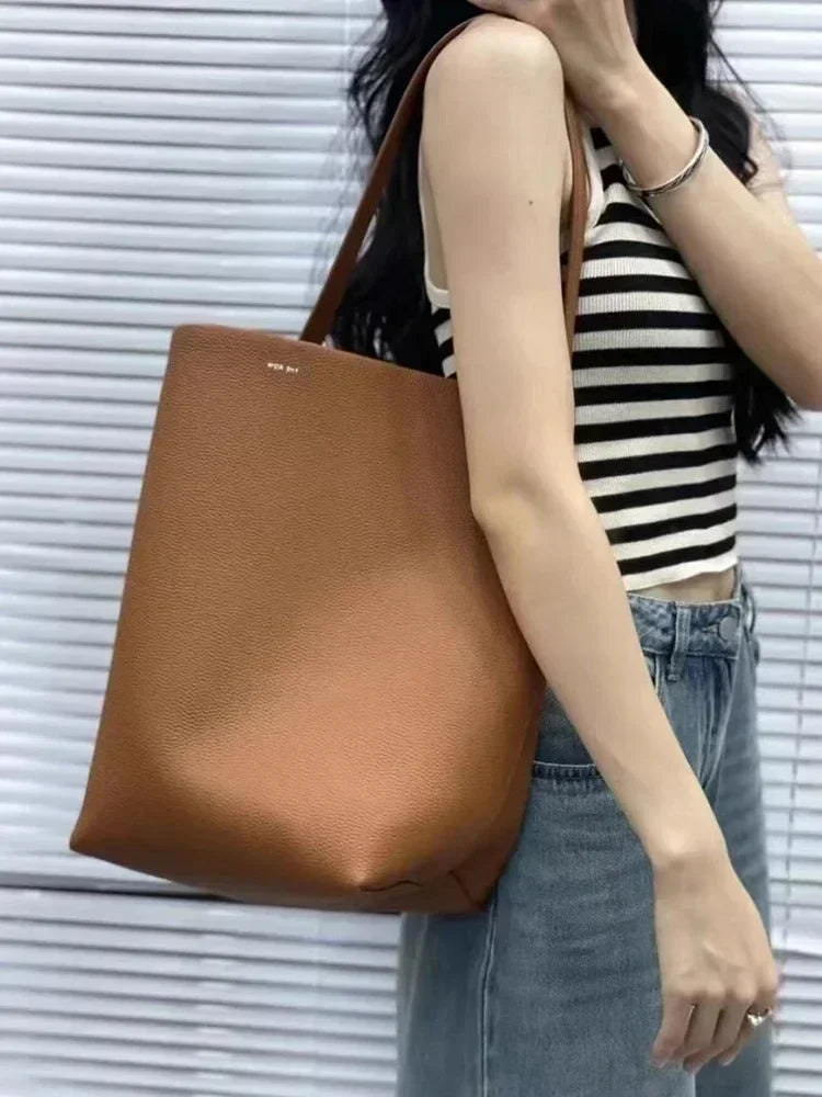 Women Cowhide Shoulder Bag Female Handbag Row Bucket Classic Lcu Lychee Patterned Tote Bags Solid Color Single Shoulder Bags