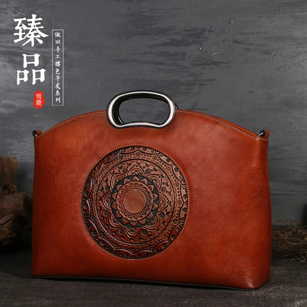 Women Cross body Messenger Shoulder Tote Bags Genuine Leather Totem Pattern Embossed Female Real Cowhide Top Handle Bag Handbag