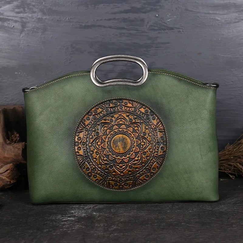 Women Cross body Messenger Shoulder Tote Bags Genuine Leather Totem Pattern Embossed Female Real Cowhide Top Handle Bag Handbag
