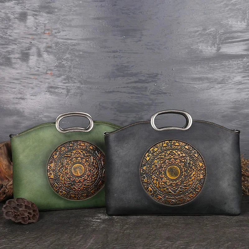 Women Cross body Messenger Shoulder Tote Bags Genuine Leather Totem Pattern Embossed Female Real Cowhide Top Handle Bag Handbag