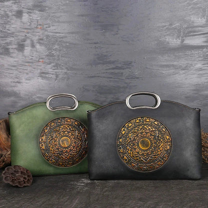 Women Cross body Messenger Shoulder Tote Bags Genuine Leather Totem Pattern Embossed Female Real Cowhide Top Handle Bag Handbag