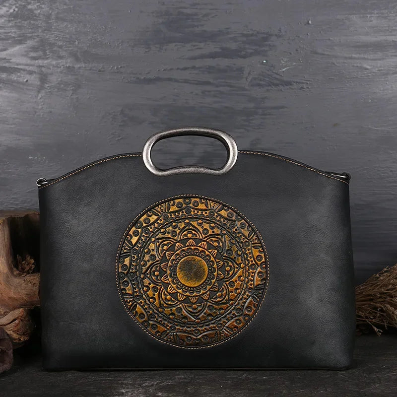 Women Cross body Messenger Shoulder Tote Bags Genuine Leather Totem Pattern Embossed Female Real Cowhide Top Handle Bag Handbag