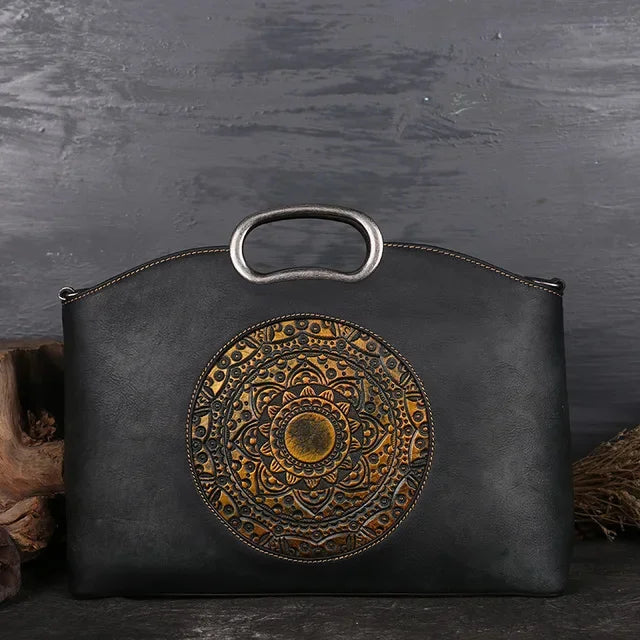 Women Cross body Messenger Shoulder Tote Bags Genuine Leather Totem Pattern Embossed Female Real Cowhide Top Handle Bag Handbag