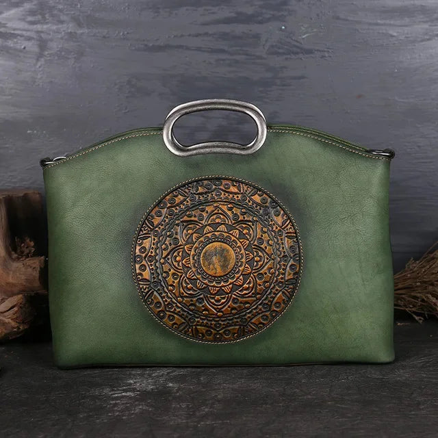 Women Cross body Messenger Shoulder Tote Bags Genuine Leather Totem Pattern Embossed Female Real Cowhide Top Handle Bag Handbag