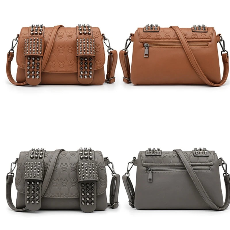 Women Crossbody Bag Vintage Skull Punk Bag Shoulder Bag Casual Fashion PU Bag Rivet Messenger Bags for Teens Girl Versatile Bags