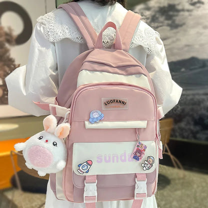 Women Cute Badge Backpack Student Harajuku Fashion Ladies Trendy Book Bag Female College Laptop Backpack Girl Kawaii  School Bag