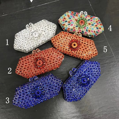 Women Elegant 5 colors Crystal Clutches Rhinestone Diamond Party Handbag Flower Hollow Stone Purse Wedding Bridal Evening Bag