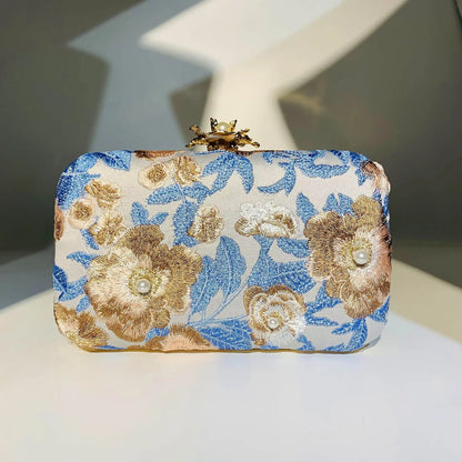 Women Embroidery Flowers Evening Clutch Bags Diamond Banquet Shoulder Bags Wedding Dinner Wallets Purse 3 Colors