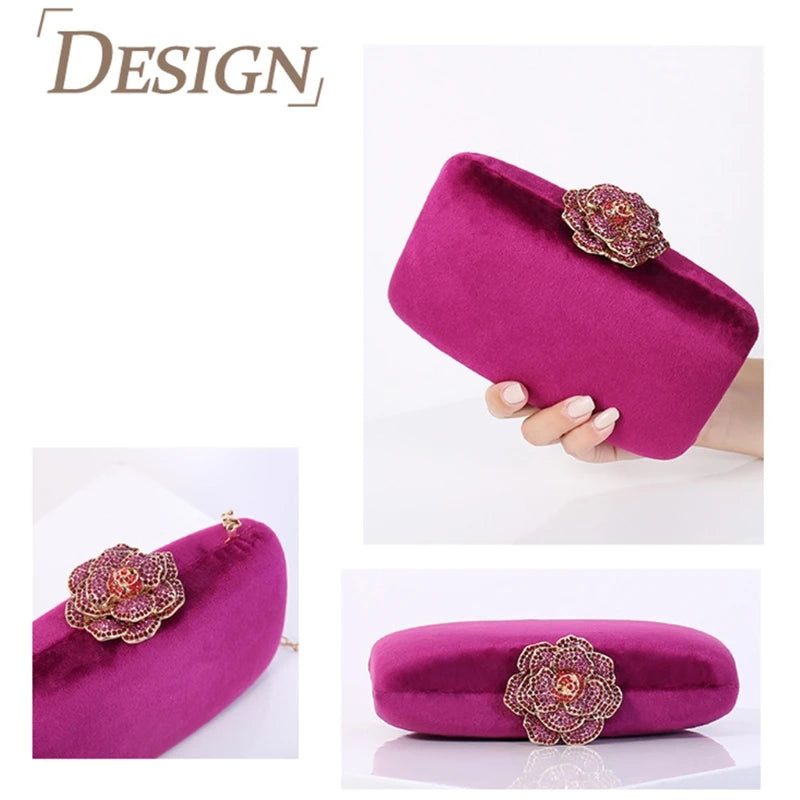 Women Fashion Evening Shoulder Bag Bridal Flower Lock Clutch Party Prom Wedding Crossbody Handbag Purse