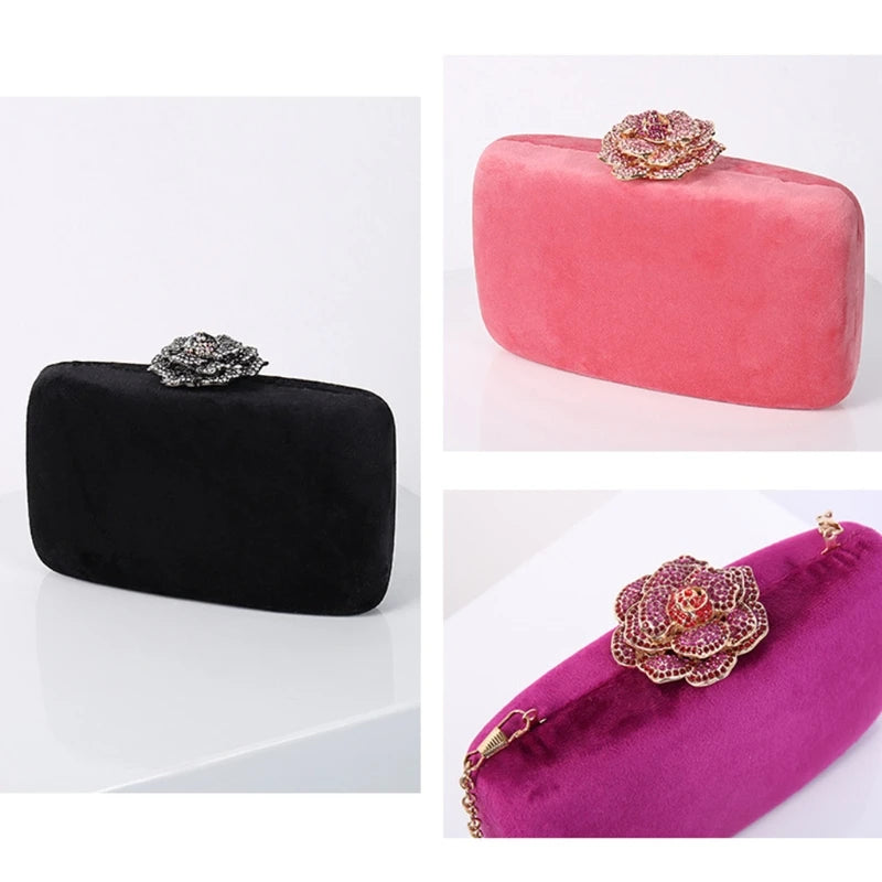 Women Fashion Evening Shoulder Bag Bridal Flower Lock Clutch Party Prom Wedding Crossbody Handbag Purse