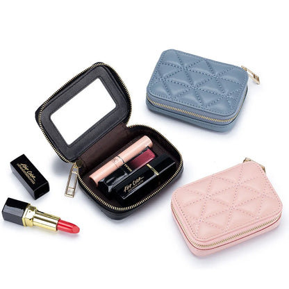 Women Genuine Leather Fashion Lingge Pattern Mini Makeup Bag Lipstick Storage Bags Portable Coins Wallet Small Cosmetic Bag Case