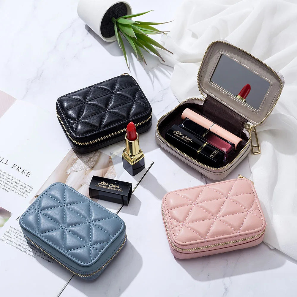 Women Genuine Leather Fashion Lingge Pattern Mini Makeup Bag Lipstick Storage Bags Portable Coins Wallet Small Cosmetic Bag Case