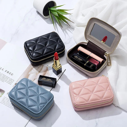 Women Genuine Leather Fashion Lingge Pattern Mini Makeup Bag Lipstick Storage Bags Portable Coins Wallet Small Cosmetic Bag Case