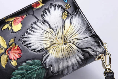 Women Genuine Leather Long Purse Wrist Clutch Bags Cowhide Floral Pattern Retro Coin Cash ID Card Holder Money Handy Bag Wallet