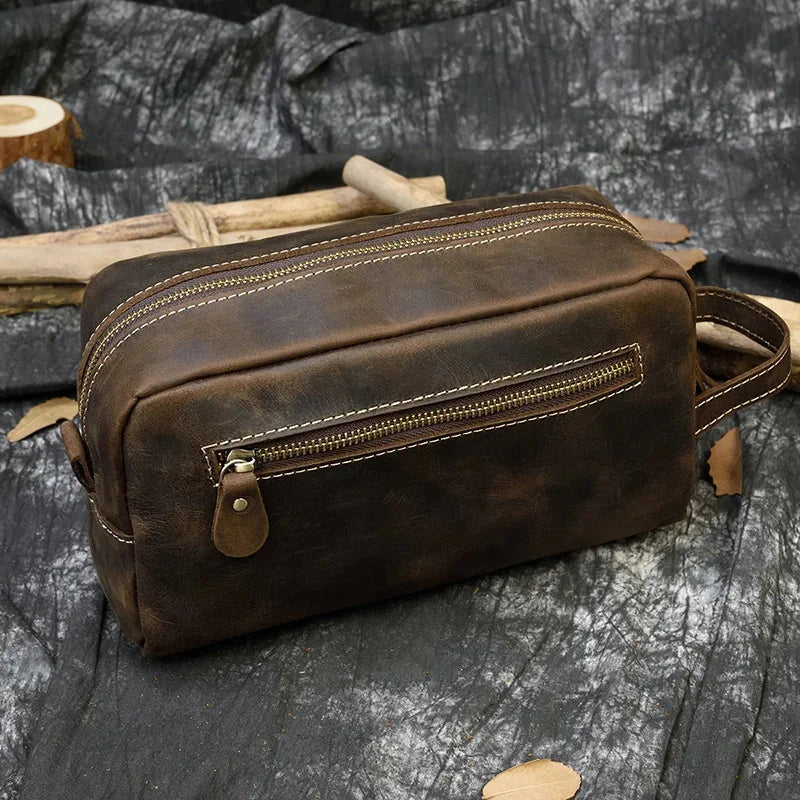 Women Genuine Wash Toiletry Organizer Toilet Cosmetic Bag Travel Purses Male Female Dopp Kits Men Leather