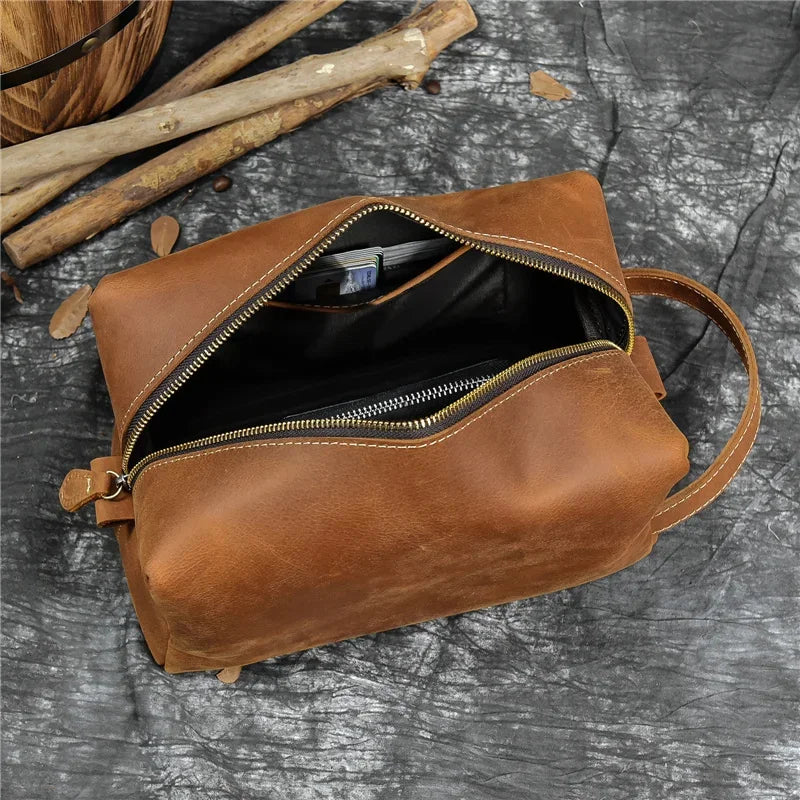 Women Genuine Wash Toiletry Organizer Toilet Cosmetic Bag Travel Purses Male Female Dopp Kits Men Leather