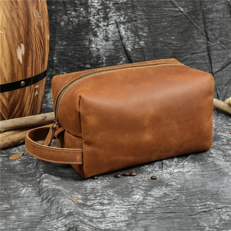Women Genuine Wash Toiletry Organizer Toilet Cosmetic Bag Travel Purses Male Female Dopp Kits Men Leather