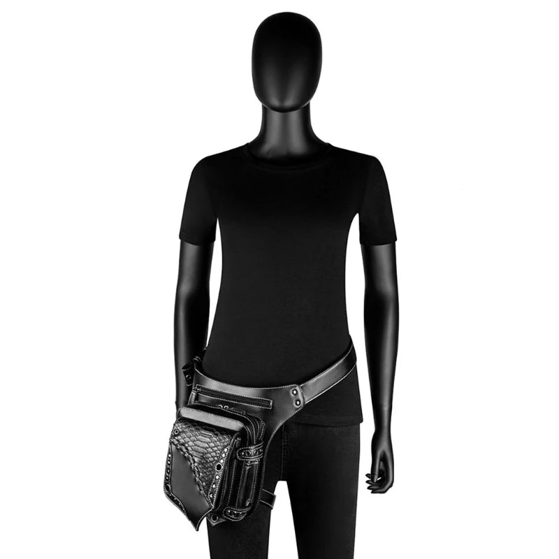 Women Girls Gothic Waist Bag PU Leather Steampunk Side Bag Travel Purse Black Crossbody Messenger PU Leather Bag Purse punk wai