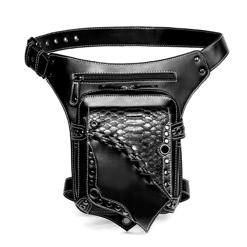Women Girls Gothic Waist Bag PU Leather Steampunk Side Bag Travel Purse Black Crossbody Messenger PU Leather Bag Purse punk wai