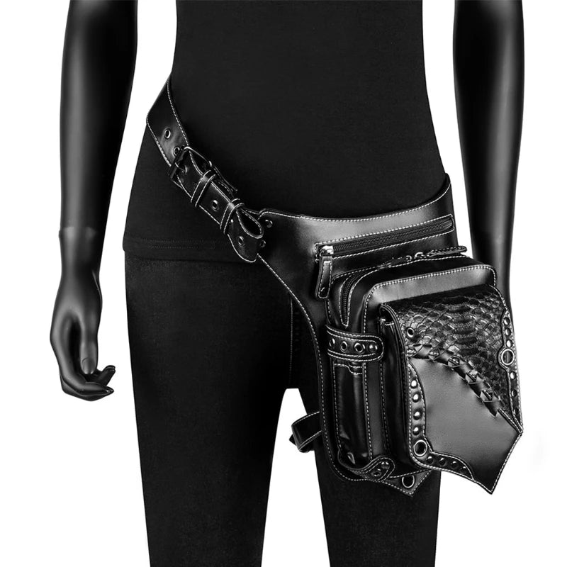Women Girls Gothic Waist Bag PU Leather Steampunk Side Bag Travel Purse Black Crossbody Messenger PU Leather Bag Purse punk wai
