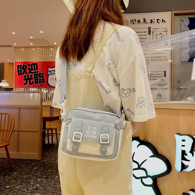 Women Girls Kawaii Crossbody Bag Cute Cartoon Cat Embroidery Small Messenger Handbag Preppy Student Shoulder Purse