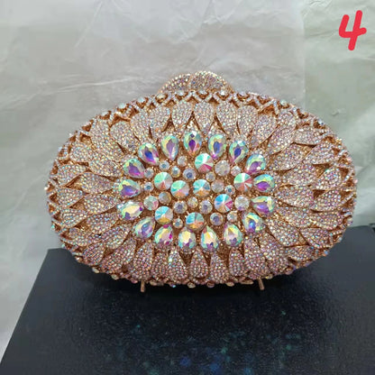 Women Gold AB Crystal Evening Dinner Bag Hollow Out Flower Wedding Clutch Bridal Party Prom Handbag Banquet Diamond Floral Purse